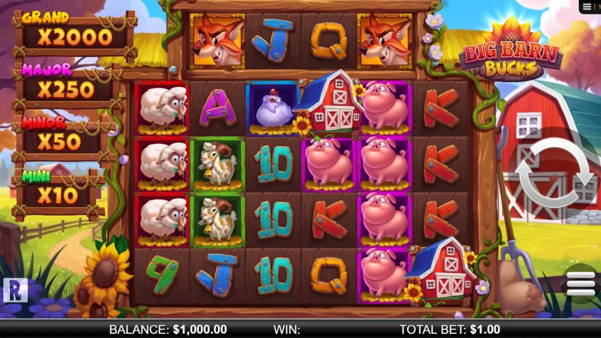 Isang masayang tanawin ng bukid na may mga hayop sa Big Barn Bucks slot