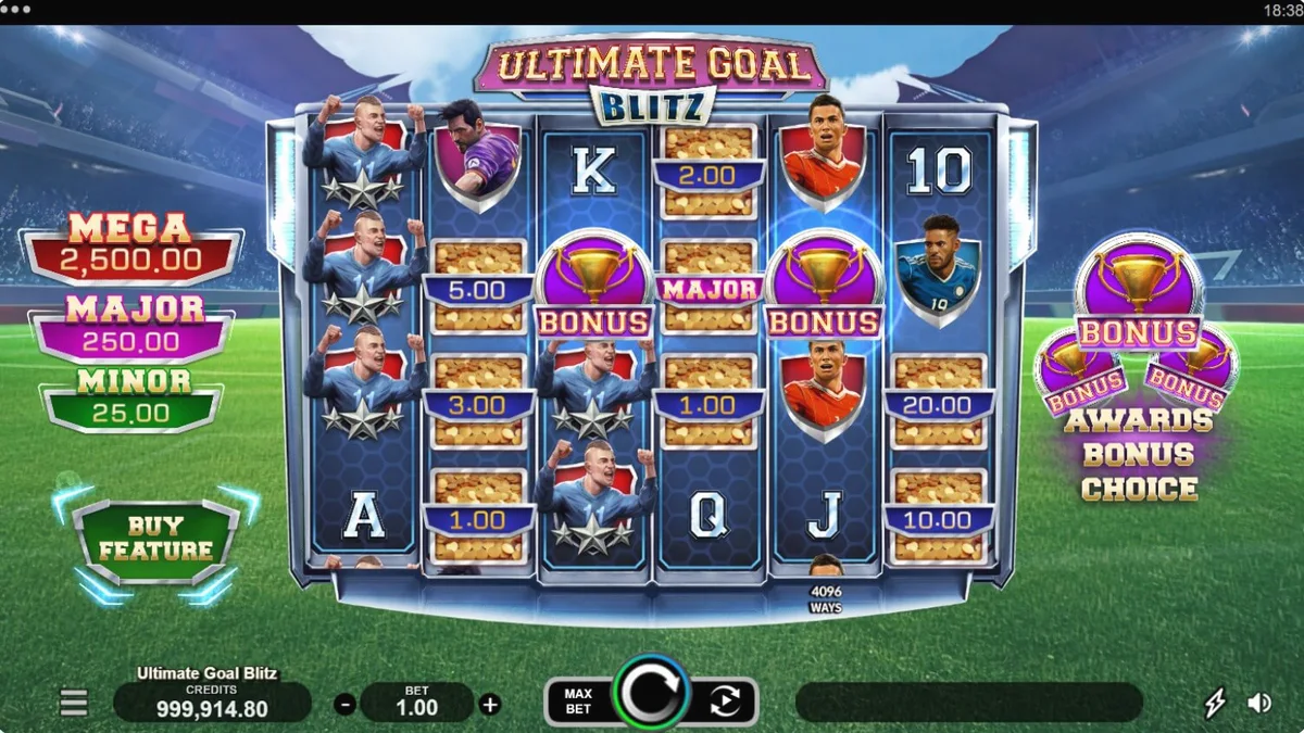 Isang digital na representasyon ng isang football stadium na may mga slot reel sa gitna.